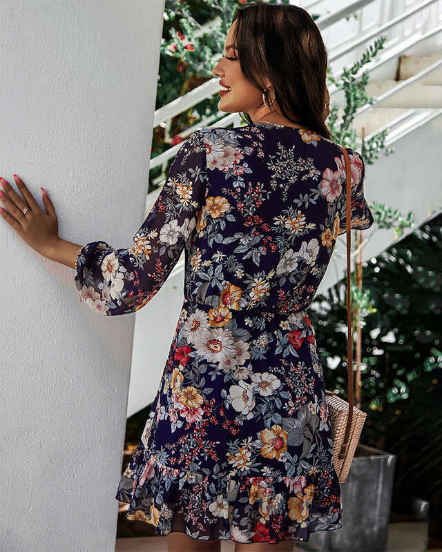 Chiffon impressão vestido feminino 2022 verão com decote em v manga comprida flores impressão vestido de manga comprida protetor solar livre dhipping