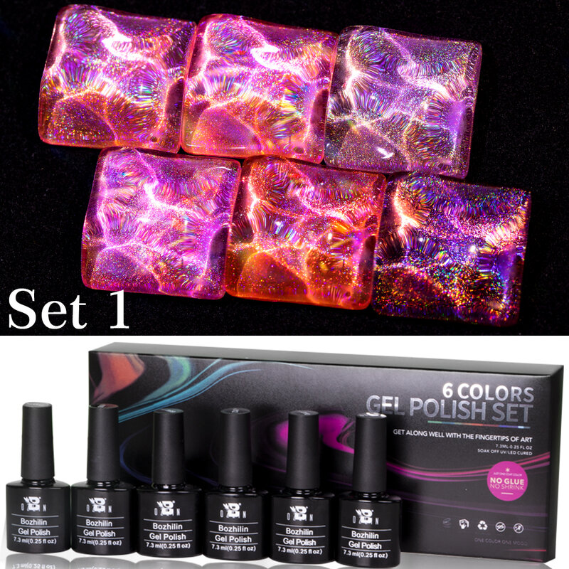 BOZLIN 6 Colors Magic Chrome Liquid Kit Gift Box Aurora Powder Mirror Effect Nail Polish Soak Off Nail Art Varnish Set 5ml