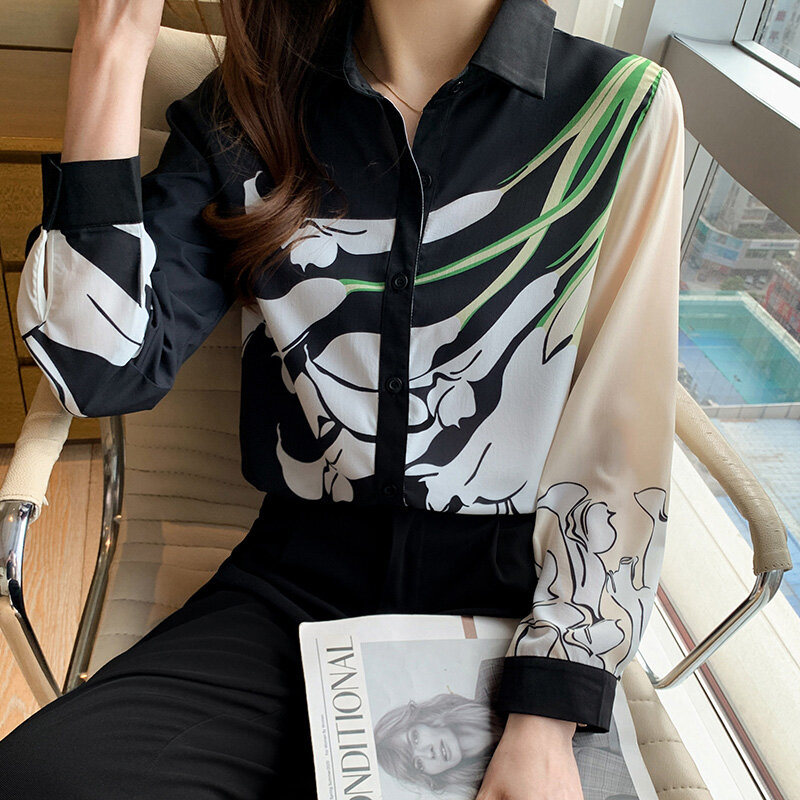 Wiosna zaprojektowany druk szyfonowa koszula kobiety francuski Vintage kontrast kolorowe topy Mujer bluzka z długim rękawem Blusas Mujer De Moda