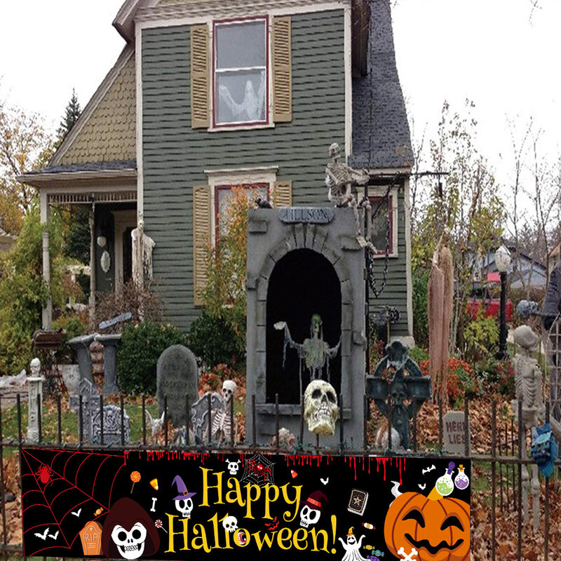 Banner de feliz Halloween de 180cm de largo, Banner colgante con calabaza aterradora, huella de mano sangrienta, murciélagos para decoración de fiesta de Halloween de patio