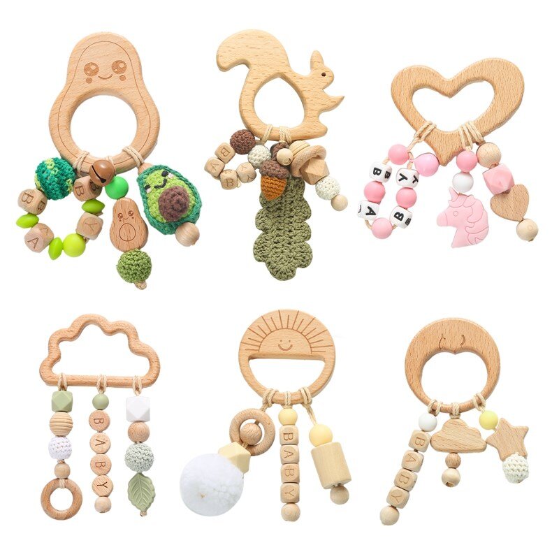 1Pcs Wooden Teether Blocks Pacifier Chain Safe Pendant Products Baby Animal Natural Beech Teething Newborn Educational Toys