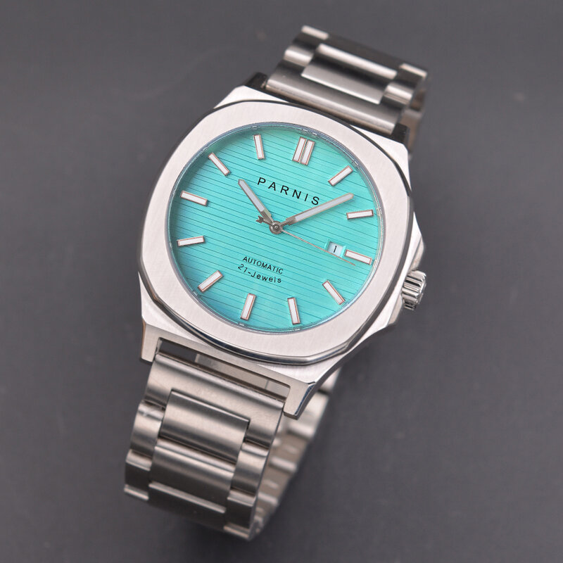Moda parnis 42mm mostrador azul mecânico automático masculino relógios pulseira de aço inoxidável safira cristal relógio masculino com caixa presente