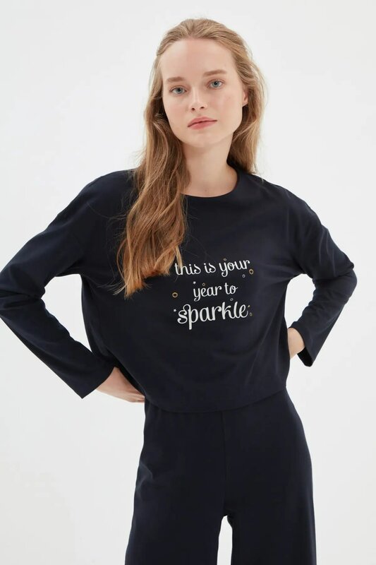Trendyol Navy Slogan Printed Knitted Pajamas Set THMAW22PT1201