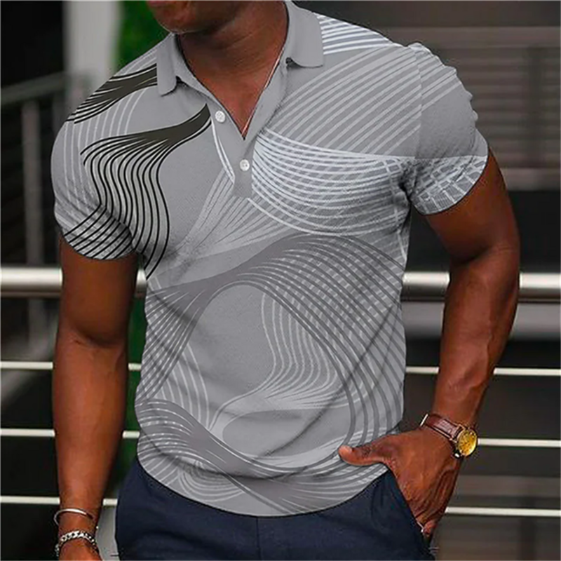 Polo à manches courtes imprimé rayé 3D pour hommes, t-shirt à revers décontracté, chemisier vintage, été, streetwear