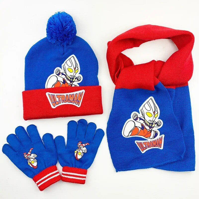 Bandai trzyczęściowy kapelusz, szalik, rękawiczki, ciepły garnitur dla dzieci, zimowe miękkie wełniane Ultraman kapelusz dla chłopców 7-12 lat
