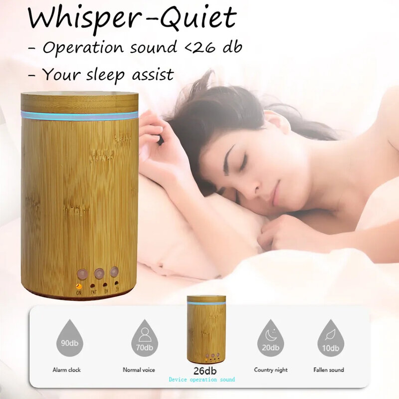 Bamboo Essential Oil Diffuser Ultrasonic Aroma Aromatherapy Mist Humidifier Waterless Auto Off 7 Color LED Light Humidificador