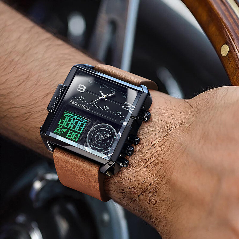 Mark Fairwhale orologio da uomo impermeabile di marca di lusso superiore orologio digitale analogico al quarzo da uomo orologio quadrato Trinity Design