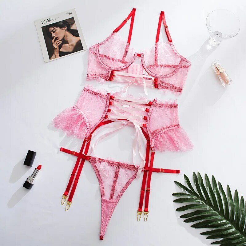 Mulher sexy sutiã e calcinha conjunto de renda retalhos bandage lingerie femme sexo pornô íntimo sensual traje malha ver através do copo aberto