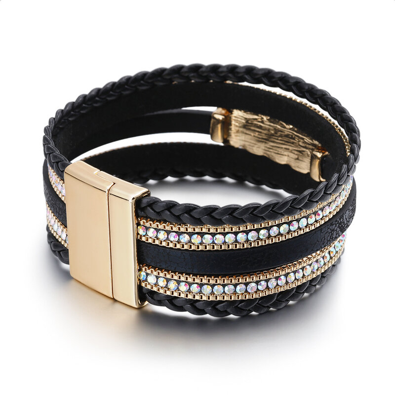 Fashion Rhinestone Boho Color Crystal Pearl Bracelet Hand Woven Multilayer Leather Bracelet luxury bangle bracelet