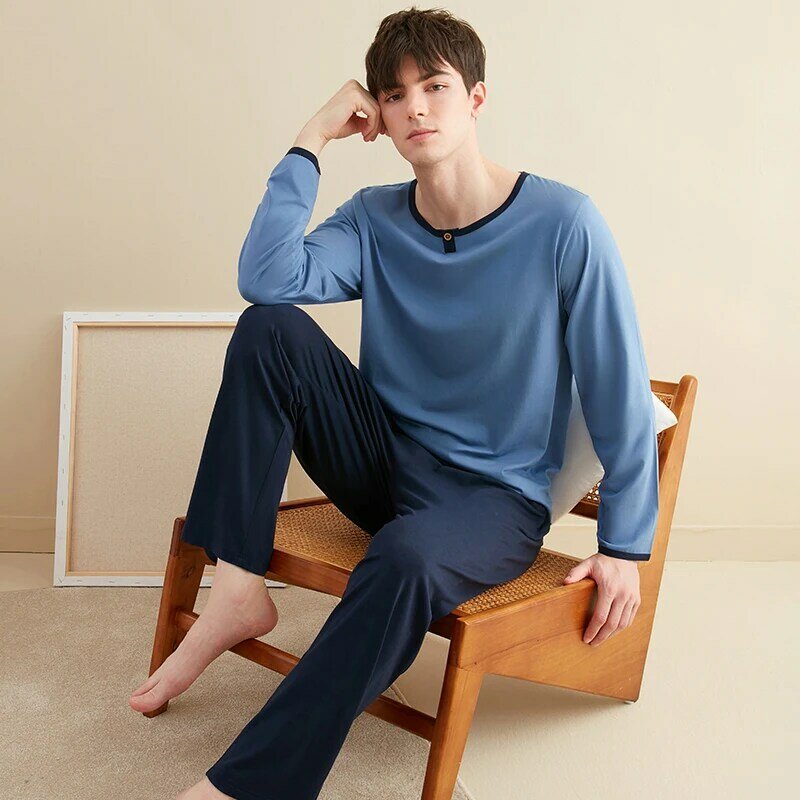 Pijama de algodón suave con logotipo personalizado para hombre, traje informal de manga larga, Top y pantalones cómodos, ropa informal
