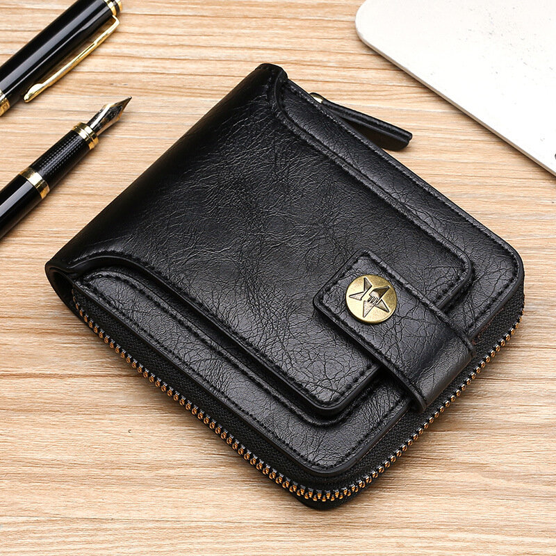 男性用の小さな本革の財布,ジッパー付きの短いジッパー式クロップポケット