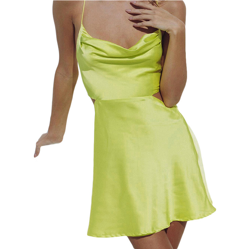 Hirigin – Mini robe en Satin pour femmes, bretelles Spaghetti, dos nu, coupe basse, Bandage, Sexy, camisole, robes de fête, Club, été