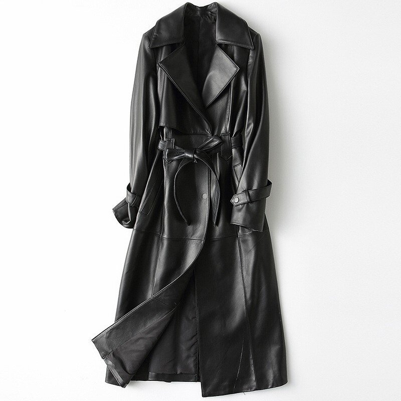 女性のためのクラシックなロングオフィスベルトジャケット,薄い革,天然羊の皮