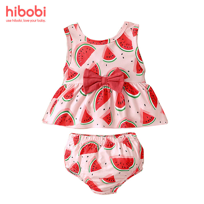Hibobi Set Baju Bayi Perempuan Motif Makanan Semangka Atasan & Pita Dekor Celana Pendek Anak Perempuan Set Baju Atasan Lengan Pendek Musim Panas 2 Potong