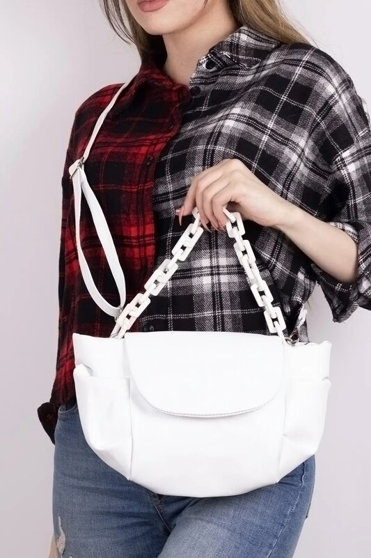 Women's Chain Detail Cross-Use Pleated White Sleeve Bag