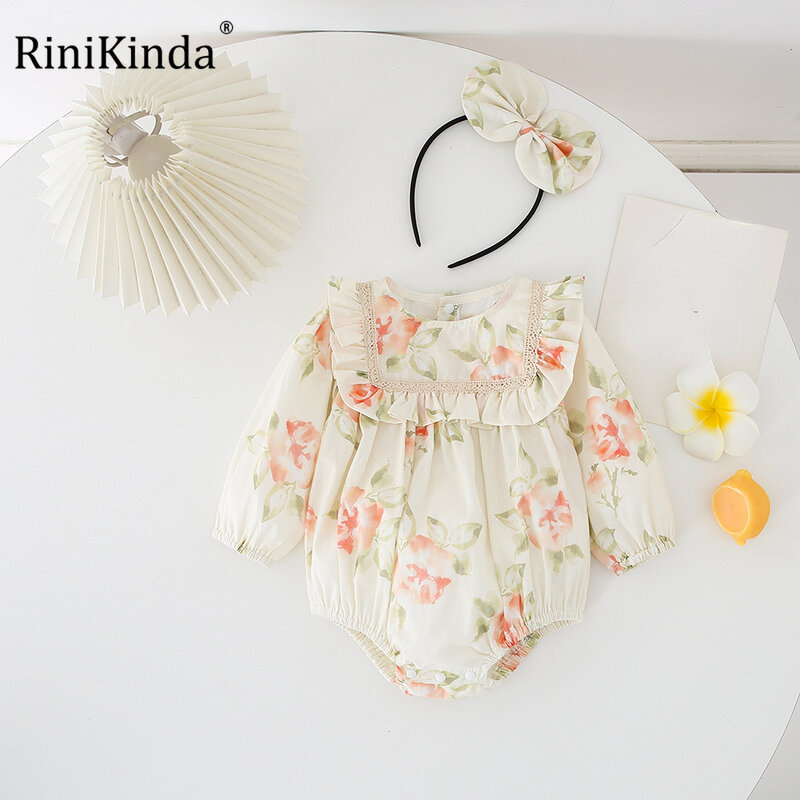 RiniKinda – barboteuse en coton pour petite fille, joli vêtement d'automne à motif Floral, combinaisons pour petite fille, 2022