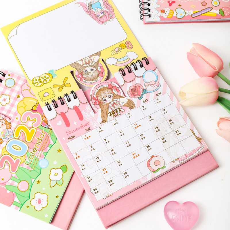 2Pcs Dekorative Tisch Kalender Cartoon Monatliche Kalender Kawaii Stehend Kalender