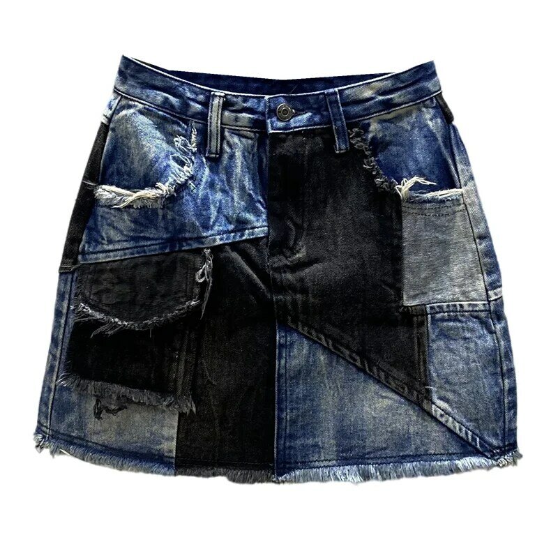 2022 Summer Street Denim Skirts Womens New European Style Personality Stitching Frayed Contrast Color Design Hip Jupe