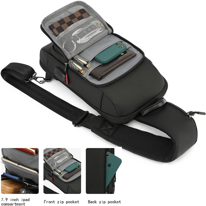 SUUTOOP Men Multifunction USB Shoulder Bag Waterproof Travel Pack Messenger Crossbody Sling Chest Bag Pack For Male Women Female