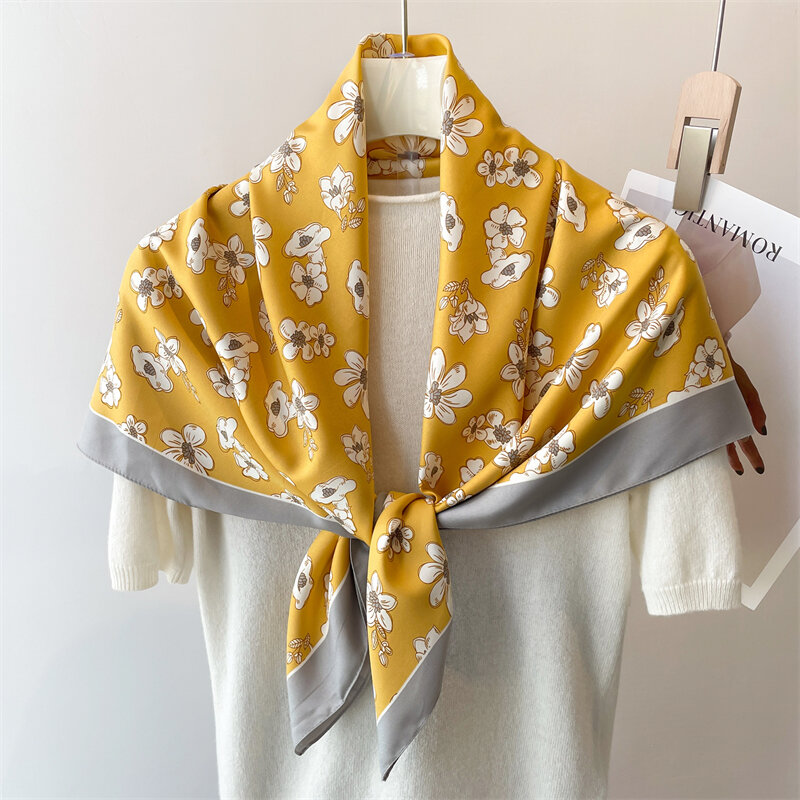 Fashion Bloemenprint 90Cm Vierkante Sjaal Voor Vrouwen Luxe Hijab Twill Zijden Hoofddoek Bandana Vrouwelijke Hoofdband Shawl Wraps Foulard