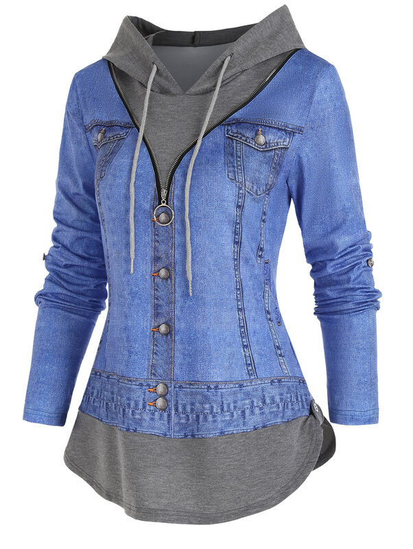 Jaqueta jeans casual feminina falsa, estampa 3D, zíper anel-O, twinset com capuz, camiseta falsa de duas peças, camiseta manga comprida