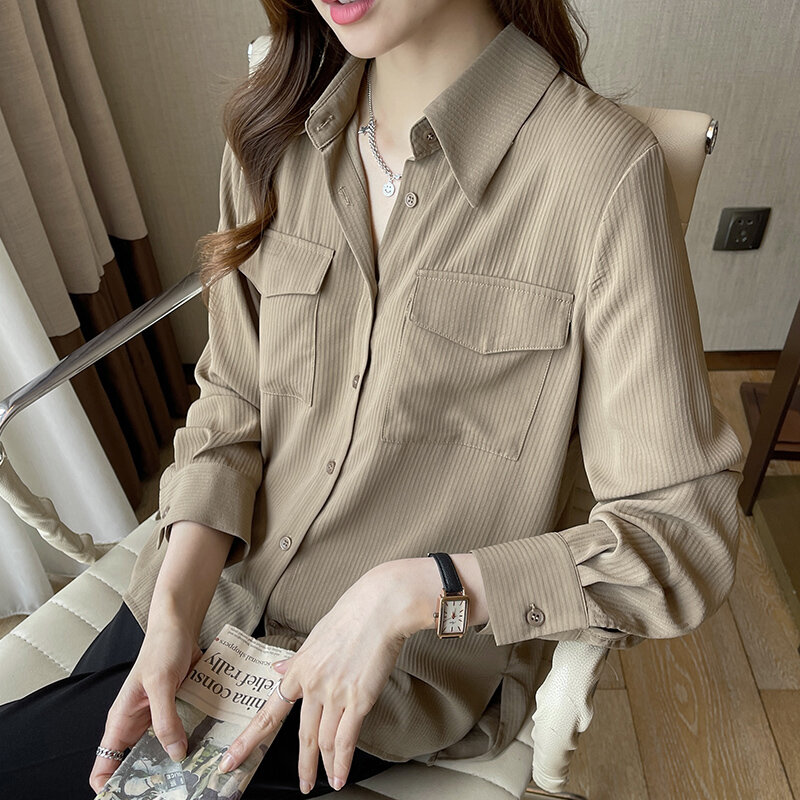 Рубашка женская в складку, однотонная свободная универсальная блуза с карманами, в Корейском стиле, весна 2022