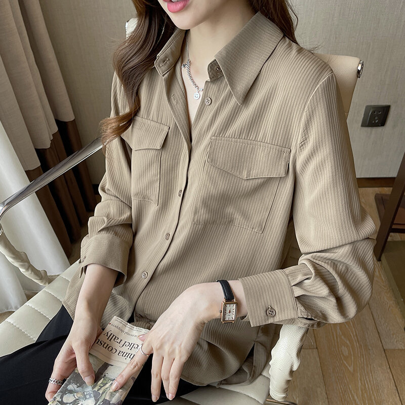 Effen Gerimpelde Strepen Shirt Vrouwen 2022 Lente Nieuwe Losse Alle-Match Ontworpen Losse Top Koreaanse Fashion Pockets Camisa de Mujer