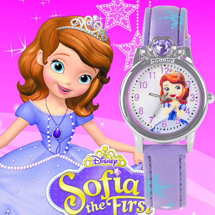นาฬิกาโซเฟียของเด็กดิสนีย์โซเฟียสำหรับเด็กผู้หญิงสายหนังการ์ตูนเจ้าหญิง Frozen นาฬิกาข้อมือสำหรับนักเรียนนาฬิกาของขวัญ