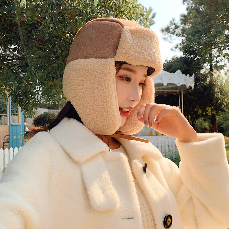 Inverno coreano bonito cordeiro cabelo lei feng hat mais veludo acolchoado orelha proteção chapéu moda quente frio à prova de vento militar chapéu