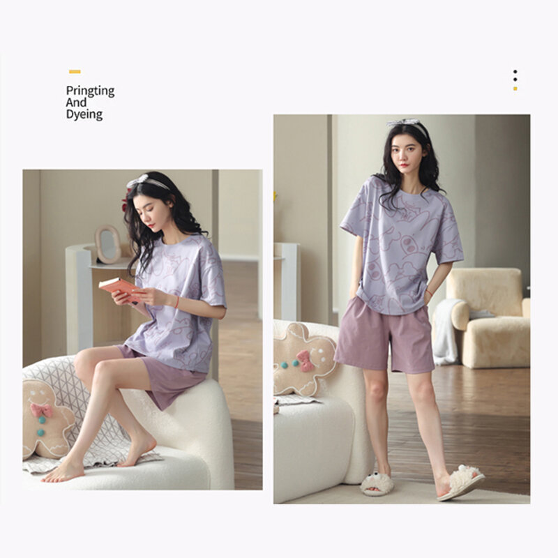 MiiOW Setelan Rumah Wanita Musim Panas Set 2 Buah Katun Kartun Beruang Celana Pendek Pakaian Tidur Piyama Set Pakaian Rumah Wanita