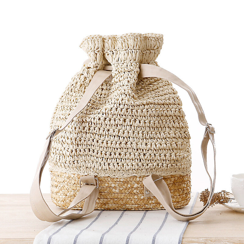 College style handmade hook flower double shoulder bag straw woven bag Forest Department leisure Women's bag