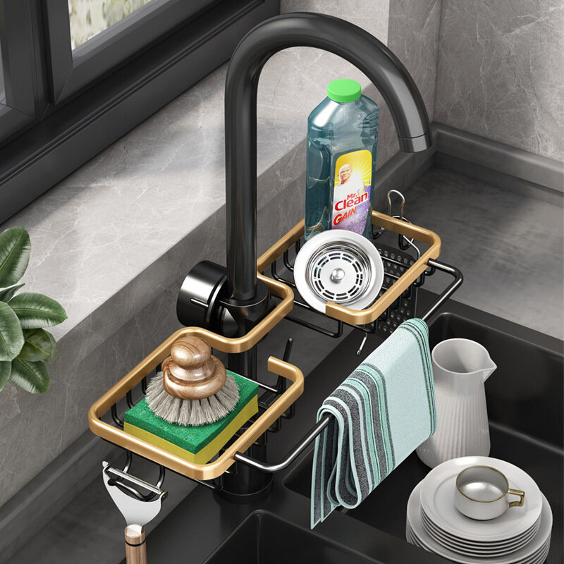 Kitchen Space Aluminum Sink Drainer Shelf Basket Organizer Drain Rack Sponge Storage Faucet Holder Bathroom Accessories