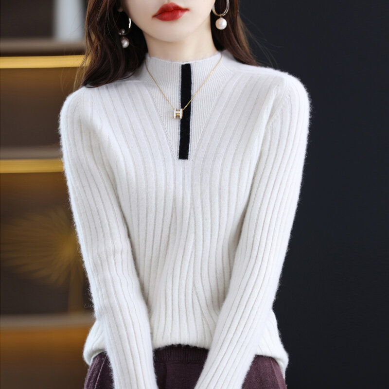 Suéter de punto de lana 100% para mujer, camisa de fondo de media altura, versátil, suelta y delgada, Otoño e Invierno
