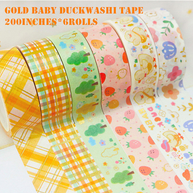 200 inch by 6rolls Floral Decorative Washi Tape Gold Foil Washie Washy Tape set for Scrapbooking DIY Christmas Gift Decoration