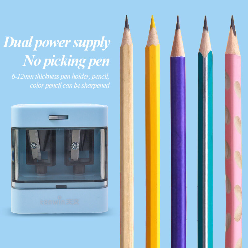 Tenwin 8044 duplo-buraco apontador de lápis de dupla potência 2 cores portátil usb bateria dever mecânica artigos de papelaria escritório escola suprimentos
