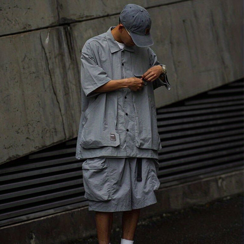 Hip-hop Japonês Bboy Skate Vestuário Loose Mountaineering Outdoor Macacão Multi-bolso Calças de manga curta Conjunto de duas peças