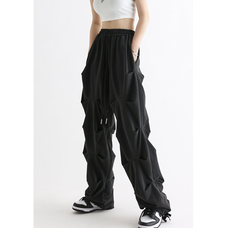 Pantaloni da donna autunnali Vintage dritti larghi pieghe nere tuta stile Hip Hop moda pantaloni con coulisse pantaloni elastici in vita