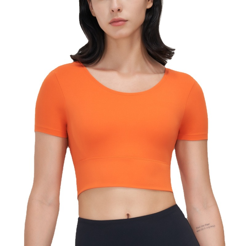 Gaun Yoga wanita, baju olahraga lengan pendek dengan bantalan dada, rompi warna polos tipis, pakaian kebugaran baru