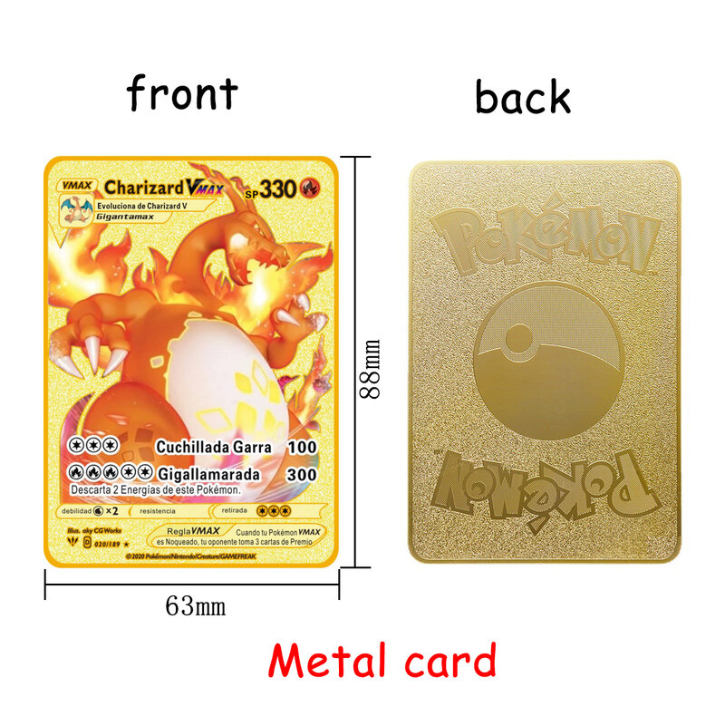 Espanhol pokemon cards ouro metal pokemon cartões espanhol ferro duro cartões mewtwo pikachu gx charizard vmax pacote jogo coleção