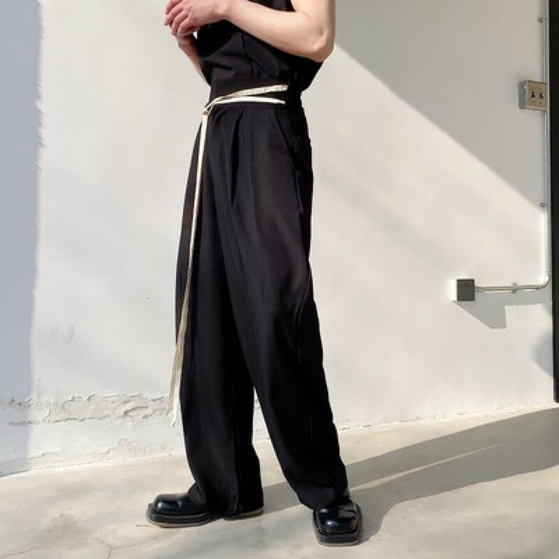 Calças masculinas originais preto gótico cinto design social calças de moletom reto jovem homem casual calças largas yuppie japão hip hop