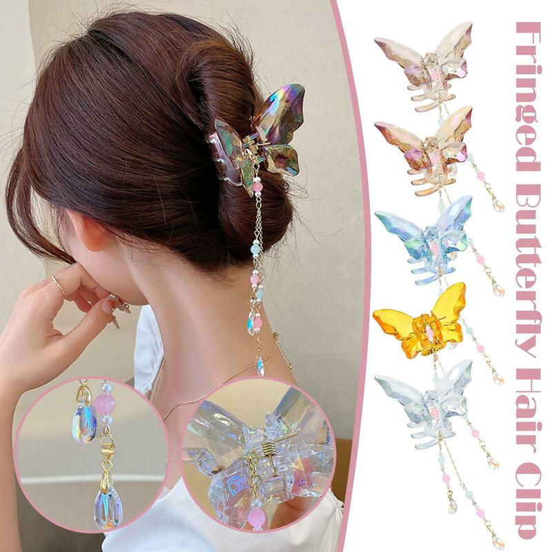 Butterfly Hair Claws Clear Crystal Tassel Hair Claw Pendant Hair Crab Clips Fashion Hairpin Women Ponytail Hair Accessories 2022
