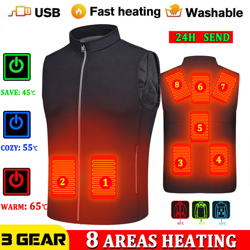 Vest de aquecimento USB sem mangas para homens e mulheres, jaqueta aquecida, térmica, elétrica, pesca, trekking, caça, quente, inverno