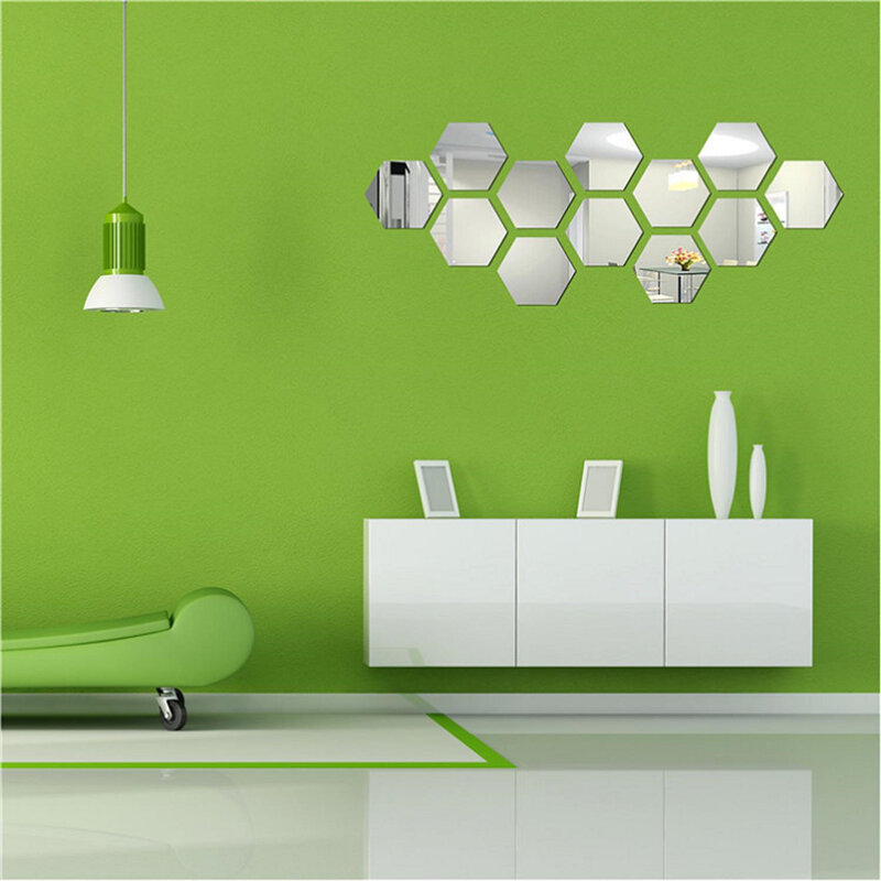 Miroirs autocollants hexagonaux, carreaux acryliques auto-adhésifs, décalcomanies or argent pour bricolage chambre à coucher salle de bains