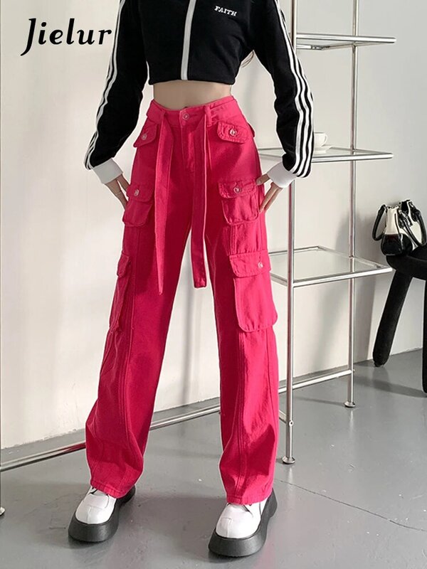 Jielur estilo americano carga jeans feminino outono cintura alta em linha reta calças casuais y2k solto rosa vermelha calças femininas alta rua