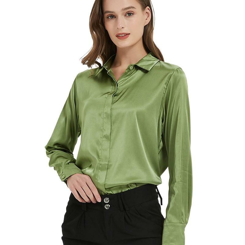 Escritório mulher 93% seda 7% elastano cetim sólido camisas mangas compridas chique simples blusas primavera outono senhoras all-match magro topos