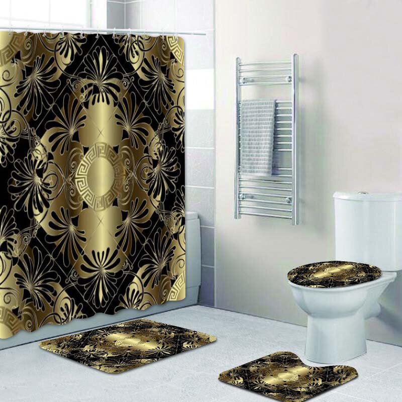 3d luxo preto ouro grego chave meander banheiro cortinas de chuveiro conjunto cortina para o banheiro moderno geométrico ornamentado banho tapete decoração