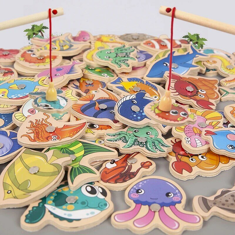 Деревянные магнитные рыболовные детские игрушки Монтессори, морская жизнь, познавательные игры для рыб, развивающие интерактивные рыболовные игрушки для родителей и детей