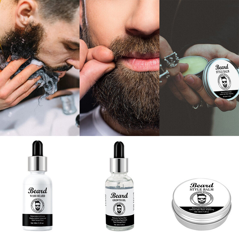 Natural Beard Growth Kit Barbe Hair Growth Enhancer Set Beard Thickener Nourishing Fast Growth Essential Oil Facial Beard Care