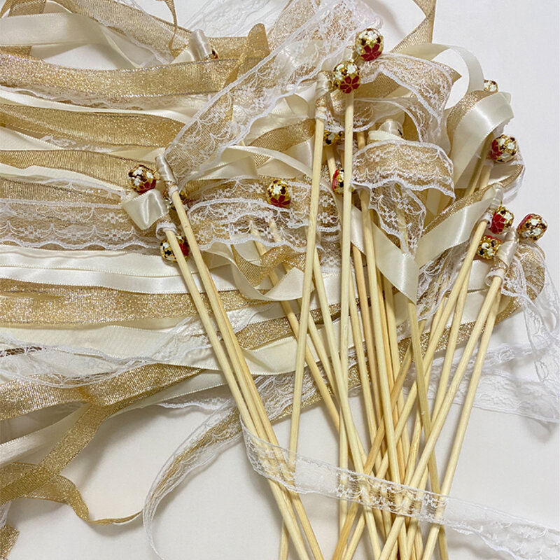 50/20/10pcs bacchette da sposa con bastoncini di nastro d'oro con campane d'oro bacchette di nastro colorate per decorazioni per feste di matrimonio