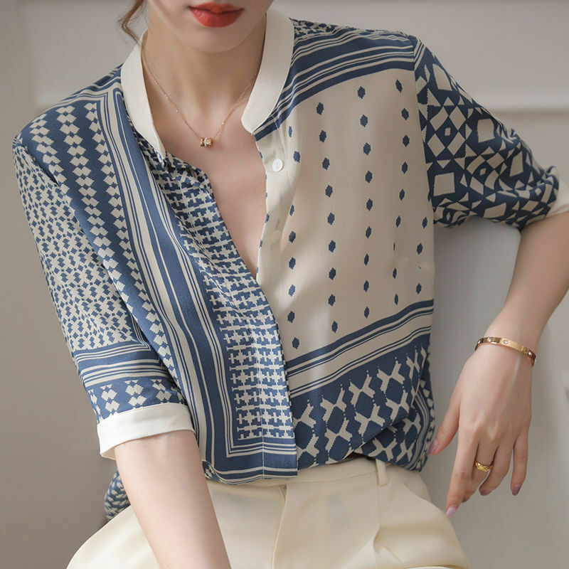 Fashion Spliced Button Chiffon Printed Shirt Women's Clothing 2022 New Half Sleeve Casual Tops Loose All-match Commute Blouses